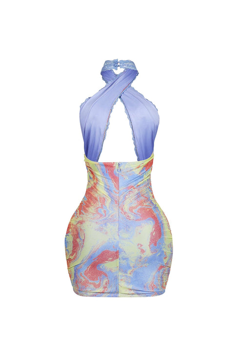 Ethereal Mesh Print Lace Halter Mini Dress