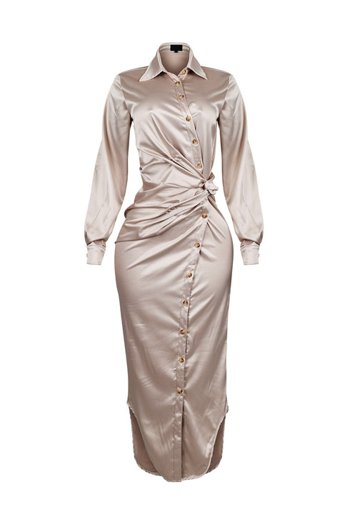 Silky Satin Long Sleeve Shirt Maxi Dress