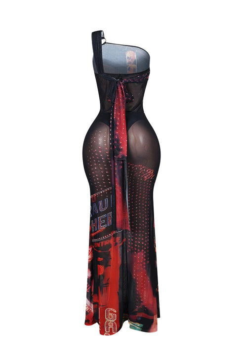 Metro Mesh Print One Shoulder Cutout Maxi Dress