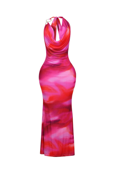 Elara Print Halter O Ring Maxi Dress