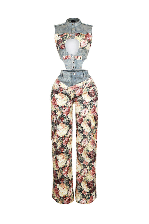 Shaka Denim Floral Contrast Top & Pants SET