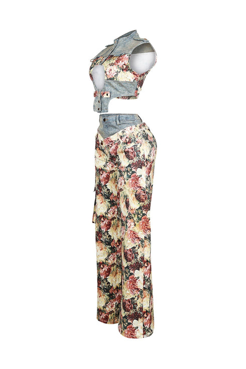 Shaka Denim Floral Contrast Top & Pants SET