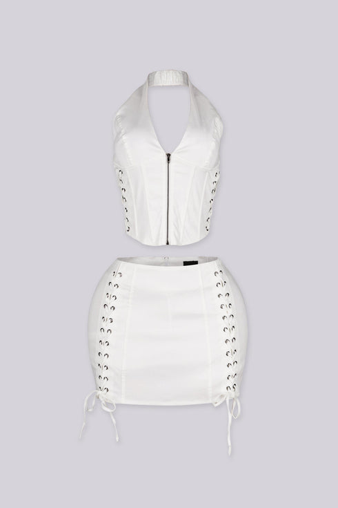 White Grommet Halter Top & Mini Skirt SET