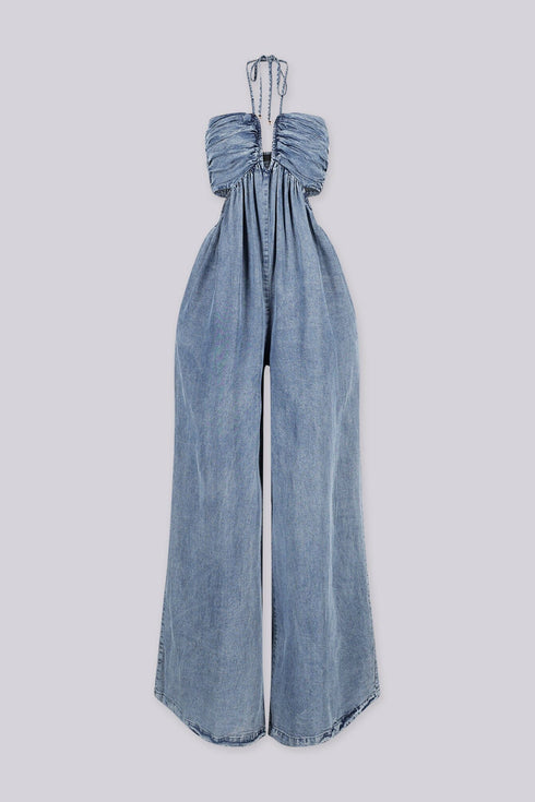 Ruched Chambray Halter Jumpsuit