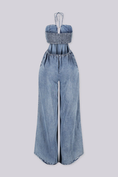 Ruched Chambray Halter Jumpsuit