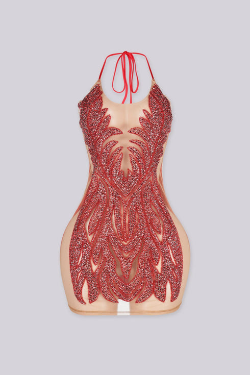 Bratty Rhinestone Mesh Contrast Mini Dress