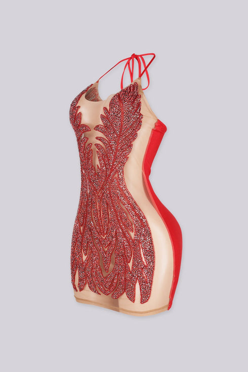 Bratty Rhinestone Mesh Contrast Mini Dress