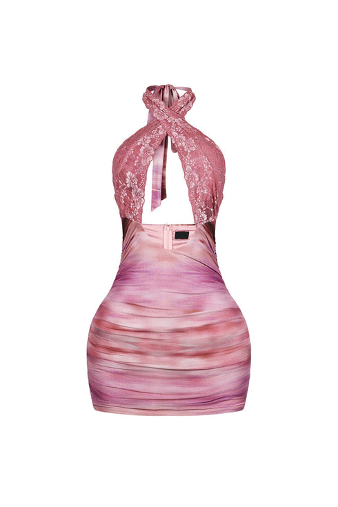 Noeline Mesh Print Lace Halter Mini Dress