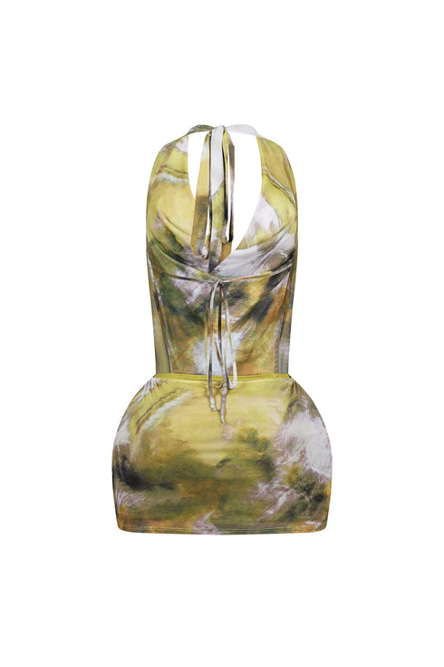 Printflow Mesh Halter Cowl Mini Dress