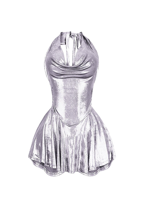 Lilybeth Foil Halter Flare Mini Dress