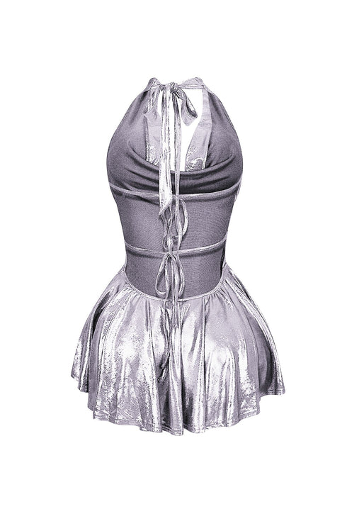 Lilybeth Foil Halter Flare Mini Dress