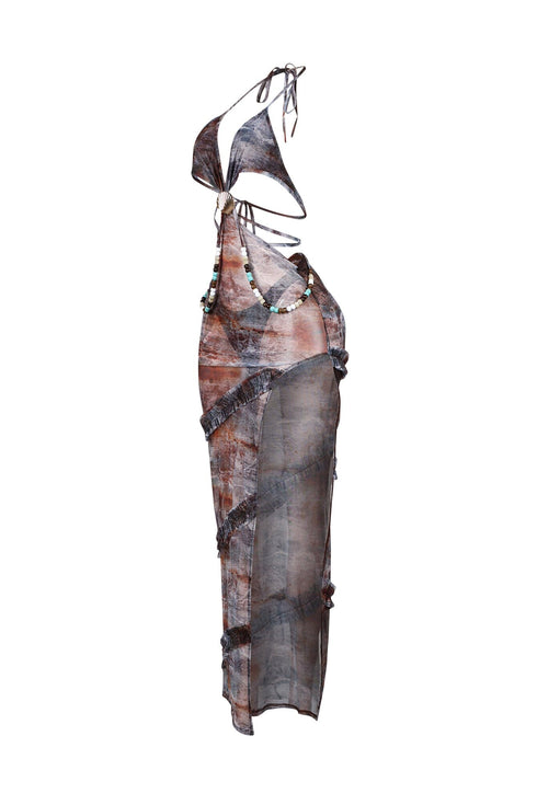 Beaded Seashell Mesh Halter Maxi Dress