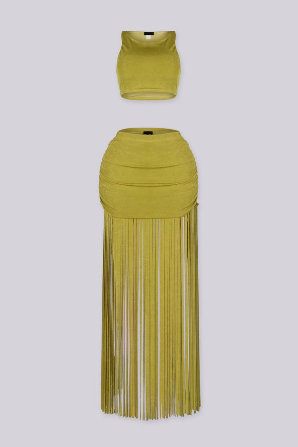 Olive Fringe Crop Top & Skirt SET