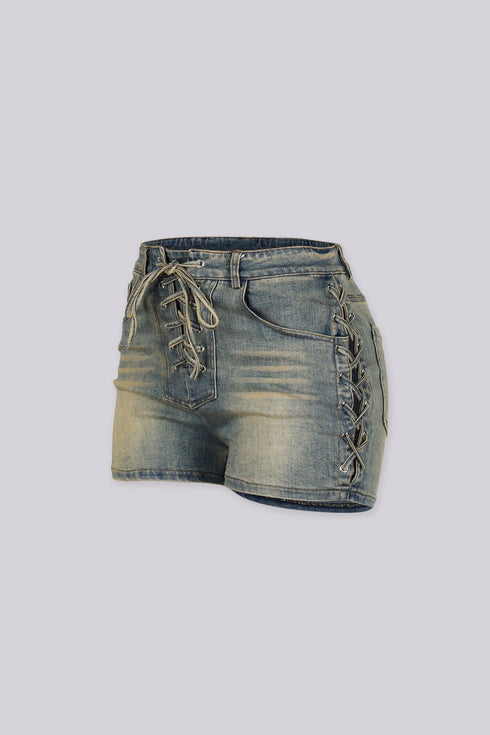 Jannet Vintage Denim Lace Up Shorts
