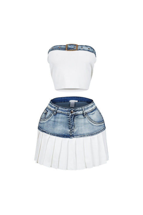 Discover Knit Denim Top & Skirt SET
