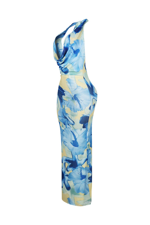 Sundaze Print Mesh Cowl Neck Maxi Dress