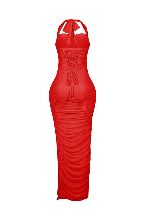 Bloomie Mesh Ruched Corset Halter Dress