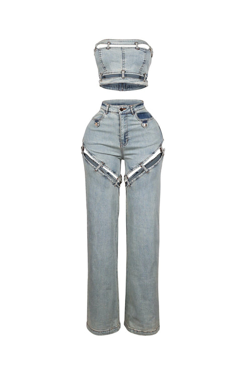 Jett Denim Tube Top & Cutout Pants SET