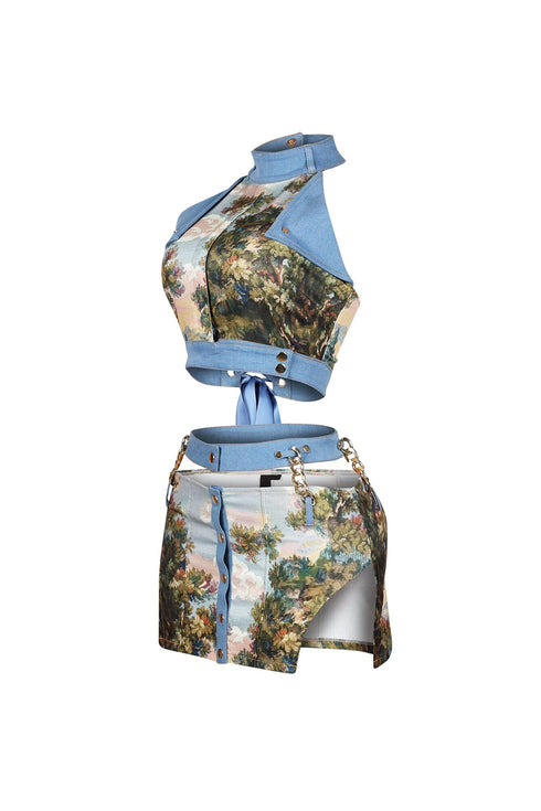 Florabound Denim Cutout Top & Skirt SET