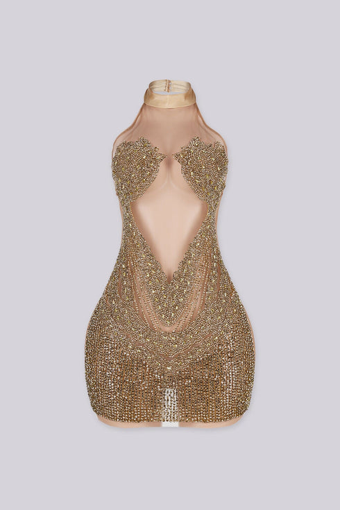 Evangeline Halter Neck Rhinestone Mini Dress
