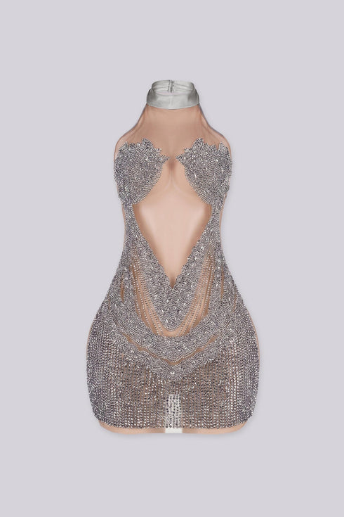 Evangeline Halter Neck Rhinestone Mini Dress