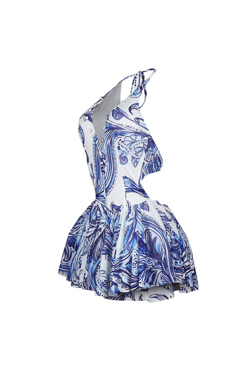 Azure Mesh Print Halter Mini Dress