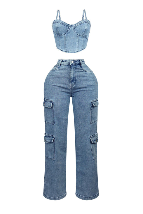 Replace You Denim Bustier Top & Pants SET