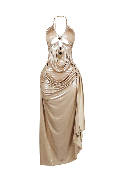 Callista Slinky Metallic Chain Halter Dress