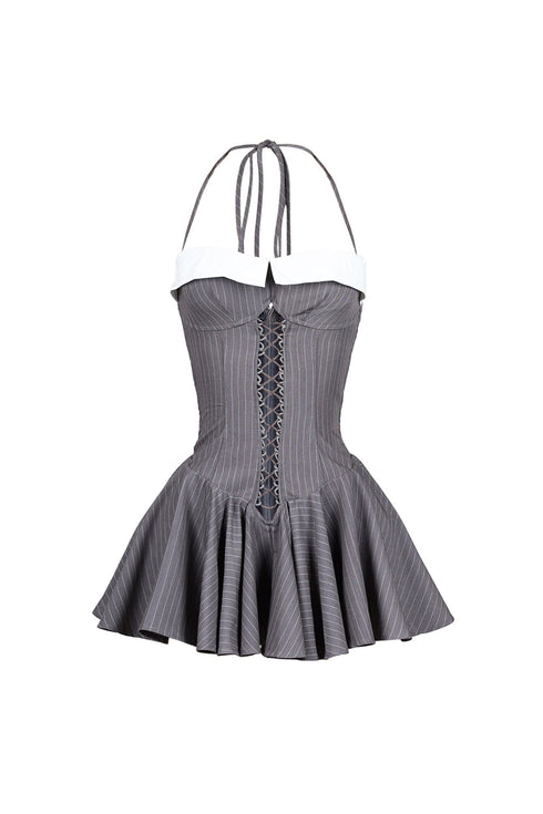 Cuttica Pinstripe Smocking Halter Mini Dress