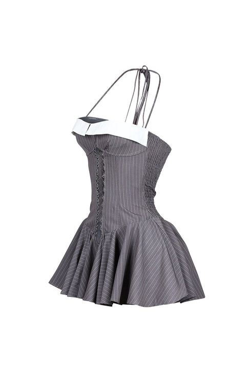 Cuttica Pinstripe Smocking Halter Mini Dress