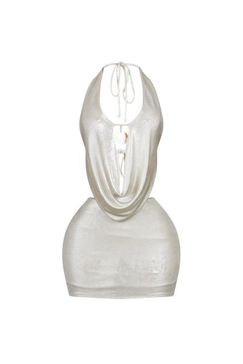 Marfil Seashell Metallic Halter Mini Dress