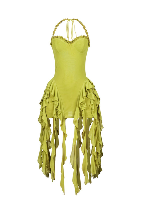 Rumba Mesh Ruffled Halter Dress