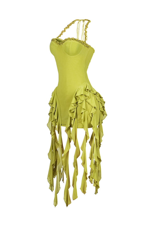 Rumba Mesh Ruffled Halter Dress