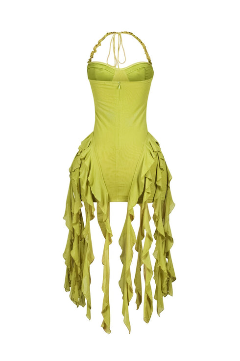 Rumba Mesh Ruffled Halter Dress