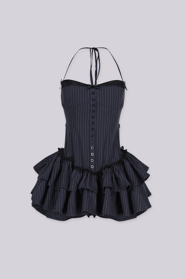 Monaco Pinstripe Lace Corset Mini Dress