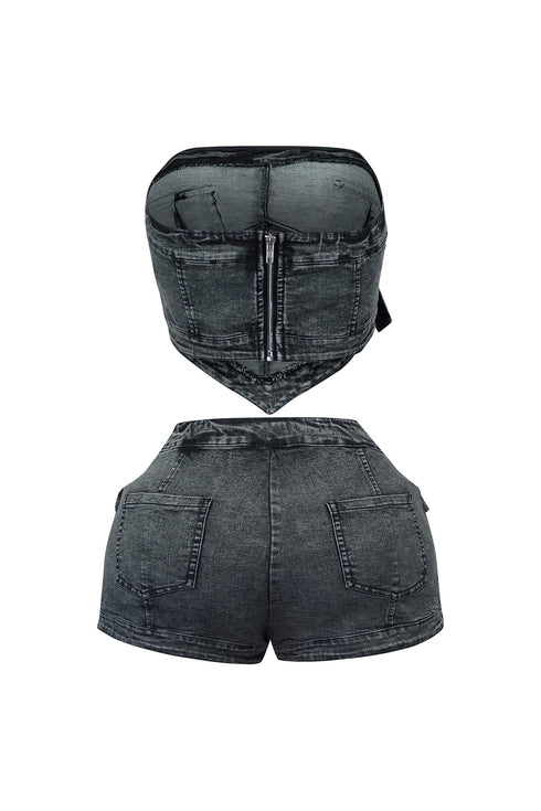 Lana Washed Denim Top & Shorts SET