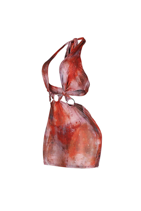 Exotic Mesh Print Cut Out Mini Dress