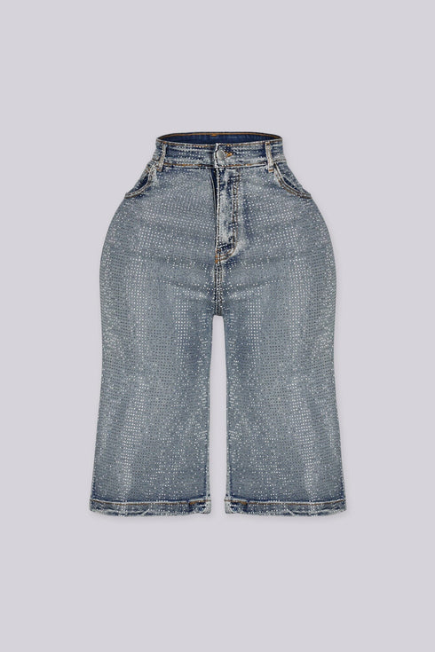 Opulent Rhinestone Denim Bermuda Shorts