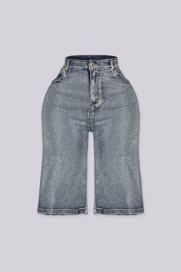 Opulent Rhinestone Denim Bermuda Shorts