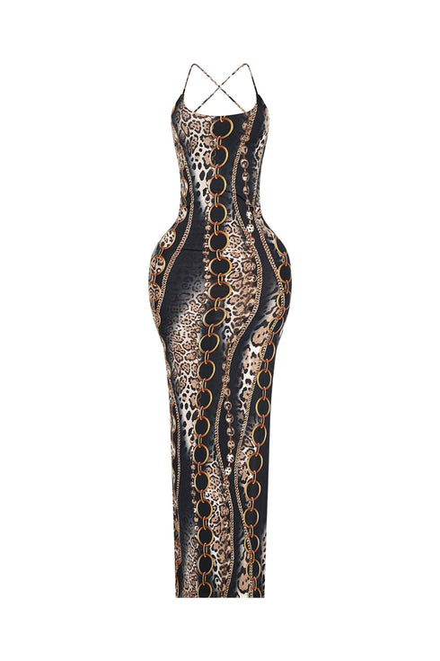 Baroque Blaze Printed Backless Maxi Dress