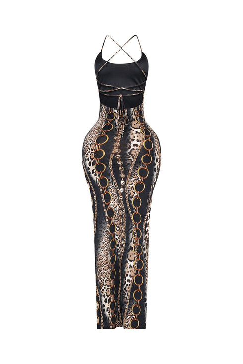 Baroque Blaze Printed Backless Maxi Dress