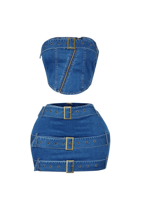 Jade Denim Belted Tube Top & Skirt SET