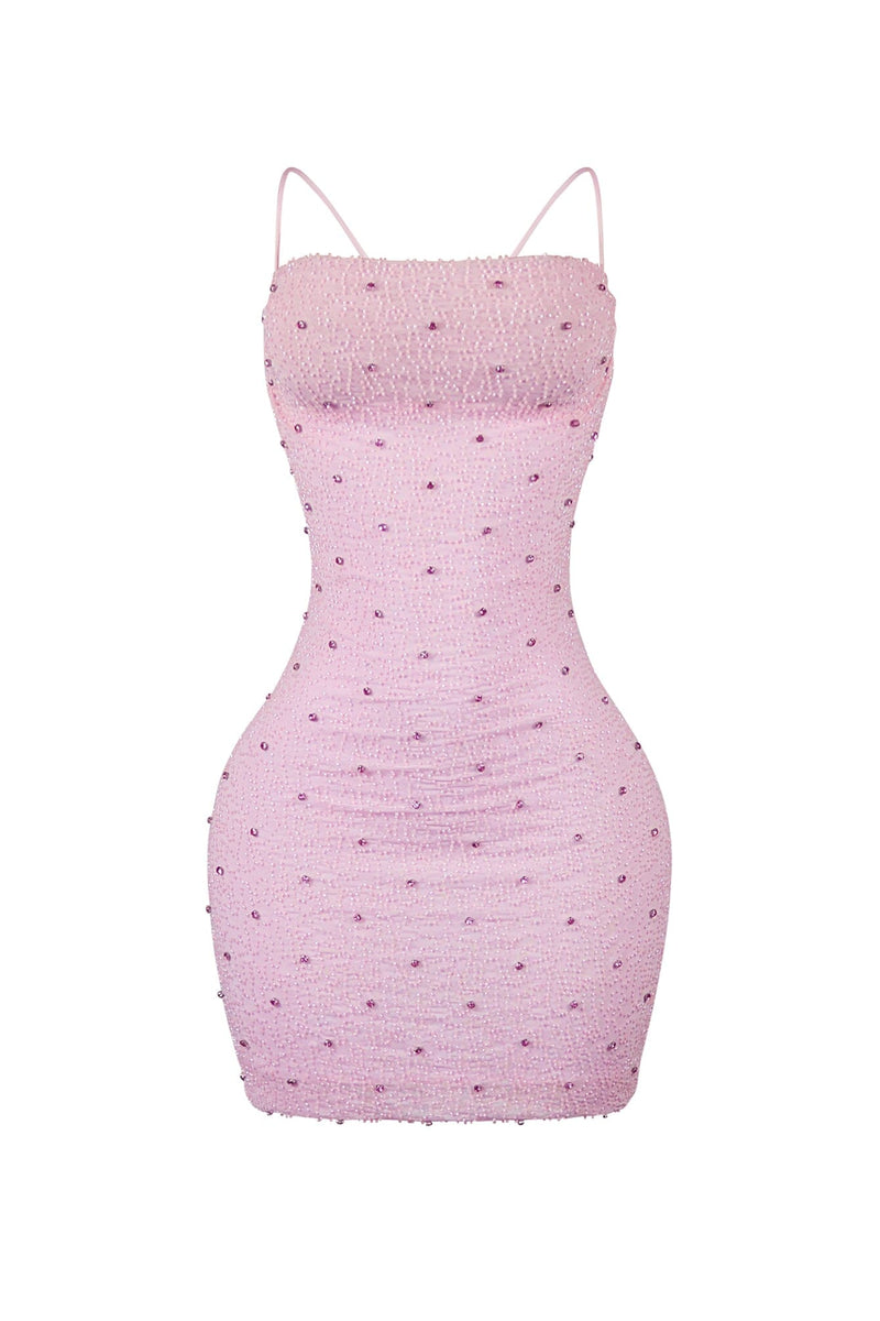 low cowl neck embellished mini dress in rose Delicate Blush Cowl Neck Rhinestone Mini Dress