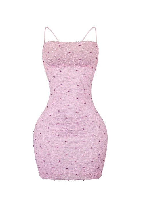 Delicate Blush Cowl Neck Rhinestone Mini Dress