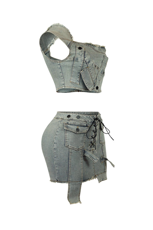 Valerie Vintage Wash One Shoulder Top & Skirt SET