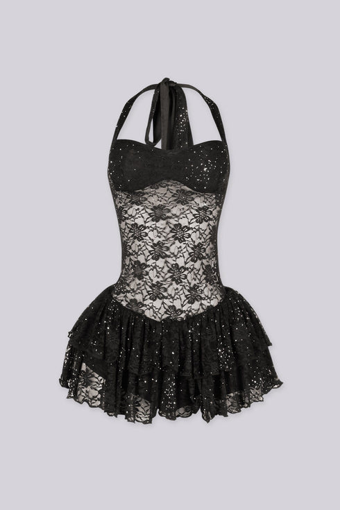 Zirconia Lace Ruffle Mini Dress