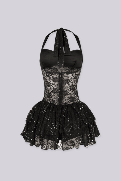Zirconia Lace Ruffle Mini Dress