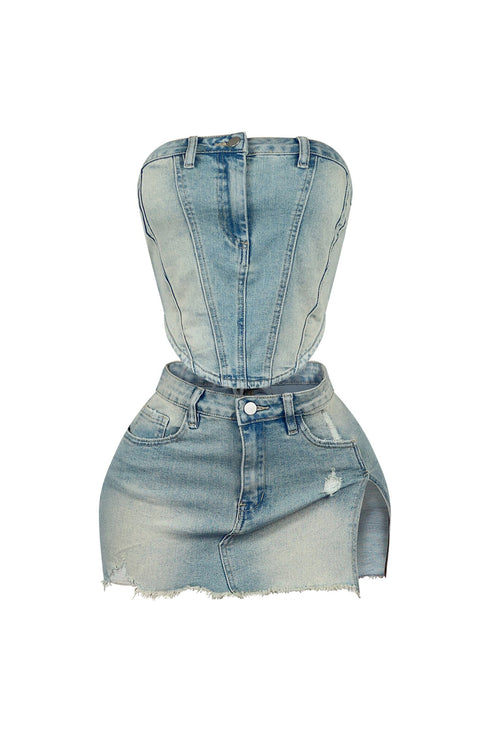 Normal Girl Washed Denim Top & Skirt SET