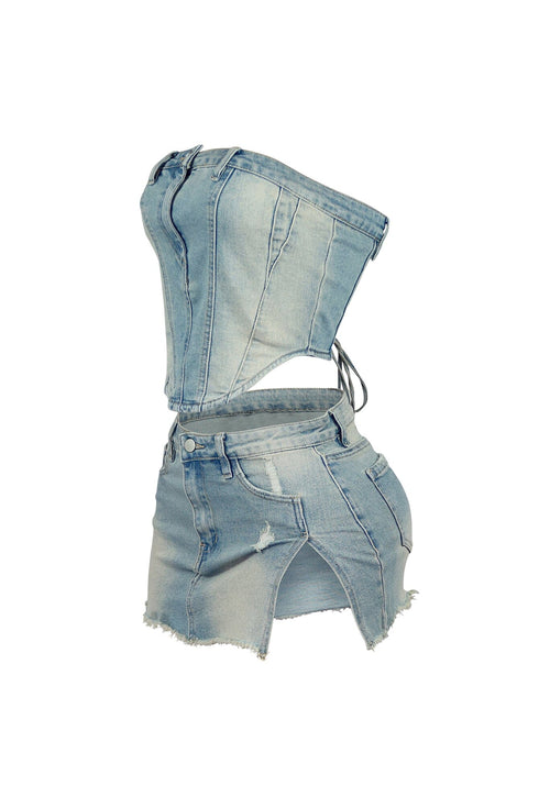 Normal Girl Washed Denim Top & Skirt SET