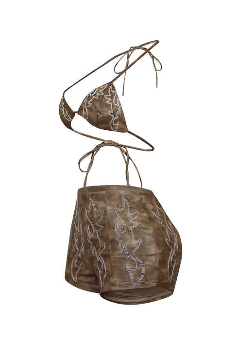 Saddle PU Western Bra Top & Shorts SET